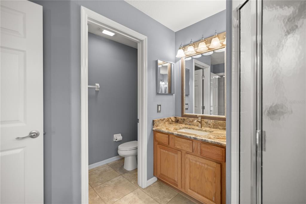15813 Southwest 16th Avenue Road Ocala, FL 34473 - Photo 20 of 33 a bathroom with a granite countertop sink a toilet and shower