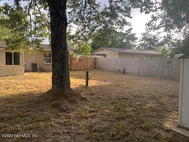 a view of a yard with large tree