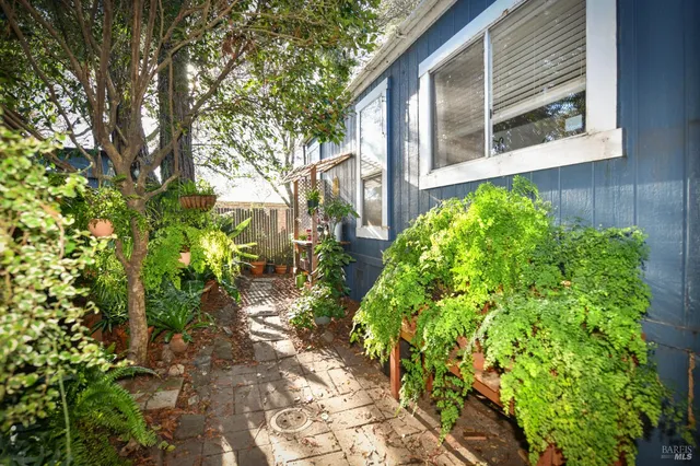 a view of a pathway of a house with plants and wooden fence