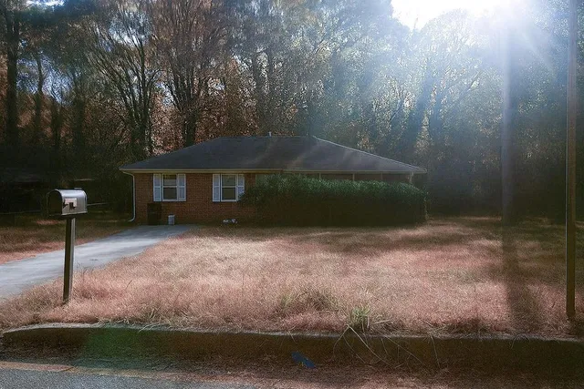 a backyard of a house with lots of green space and fountain