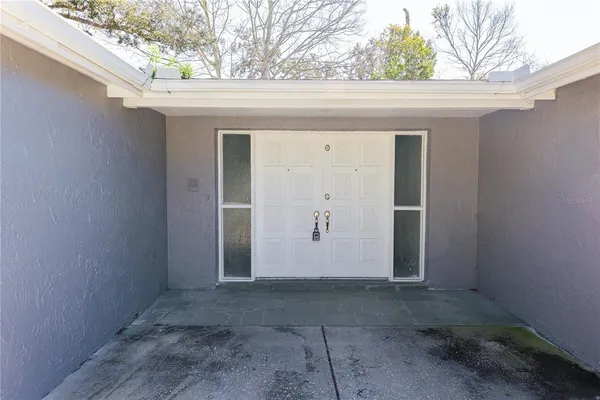 a view of a house with a door and a tree