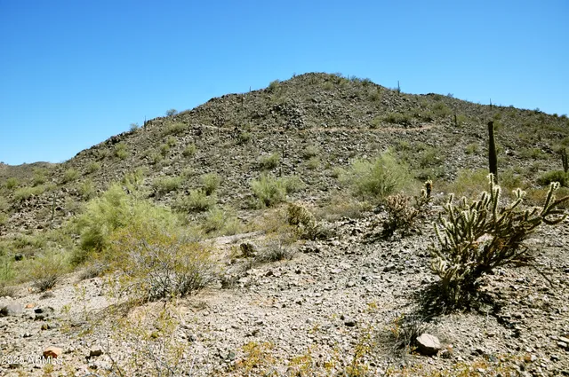 a view of a large building with mountains in the background