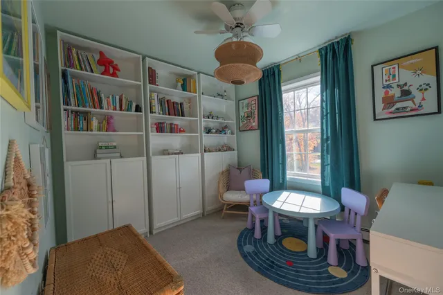 a living room with furniture and a book shelf