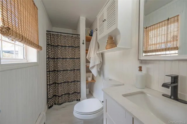 a bathroom with a sink toilet vanity and shower