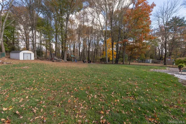 a view of a field with trees in the background