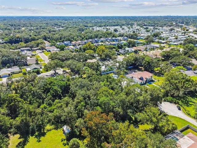 an aerial view of residential houses with outdoor space and trees