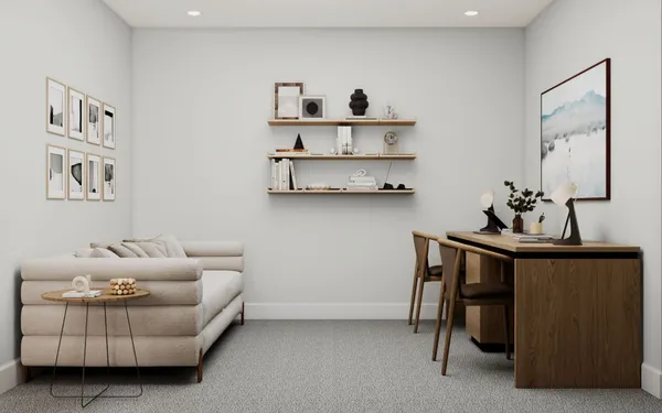 a living room with furniture and decor