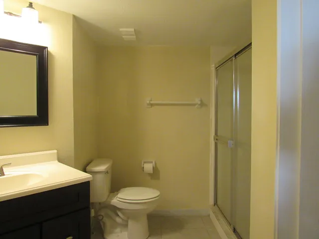 a bathroom with a sink a toilet a mirror and vanity