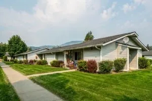 a front view of house with yard and green space