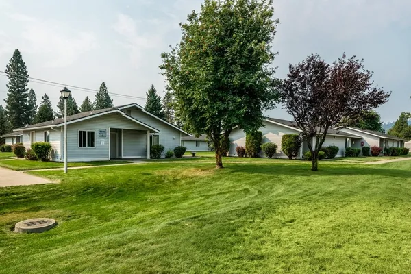 a front view of a house with a yard and trees
