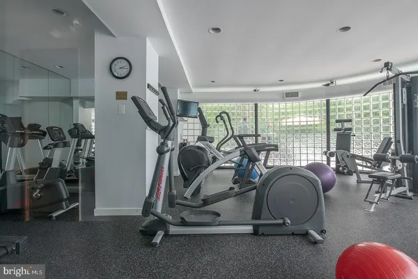 a view of a room with gym equipment