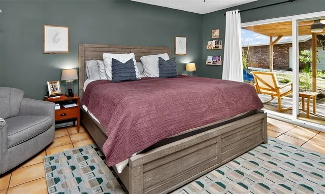 a bed sitting in a bedroom next to a window