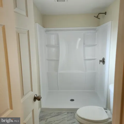 a bathroom with a shower and a toilet