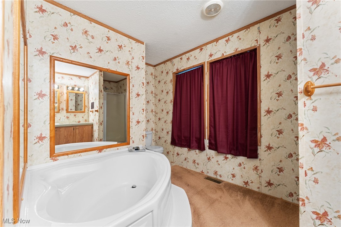 6615 Cleveland Road, Unit K2 Ravenna, OH 44266 - Photo 14 of 24 Bathroom featuring a textured ceiling, a garden tub, wallpapered walls, ornamental molding, and vanity