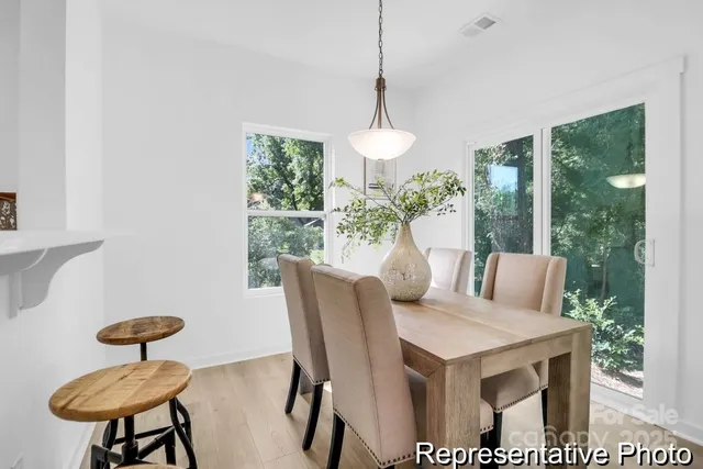 a dining room with furniture and a potted plant