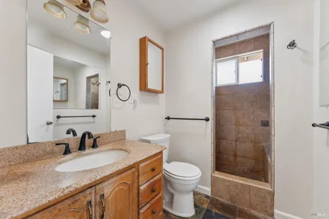 a bathroom with a granite countertop sink toilet and shower