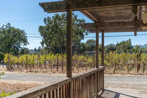 a view of a yard with wooden fence