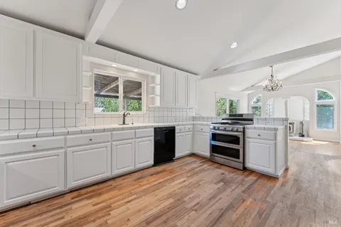 a kitchen with granite countertop a sink cabinets and stainless steel appliances
