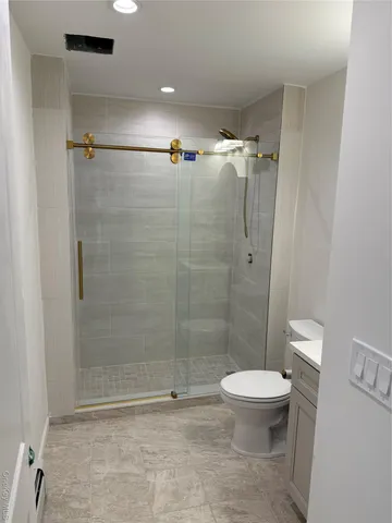 a bathroom with a shower and a toilet