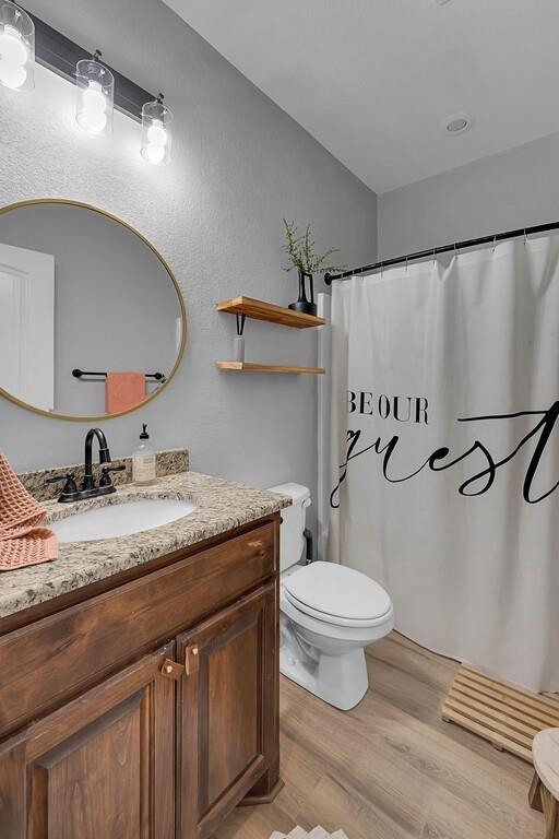 550 Hunton Lane Robinson, TX 76706 - Photo 24 of 35 Bathroom with vanity, wood finished floors, and a shower with curtain