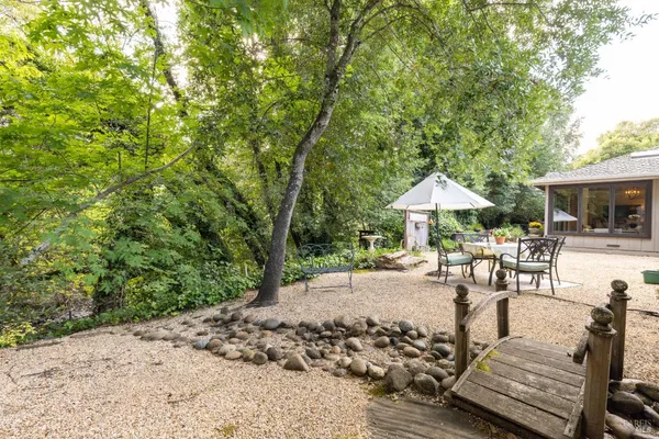 a backyard of a house with lots of green space and lake view