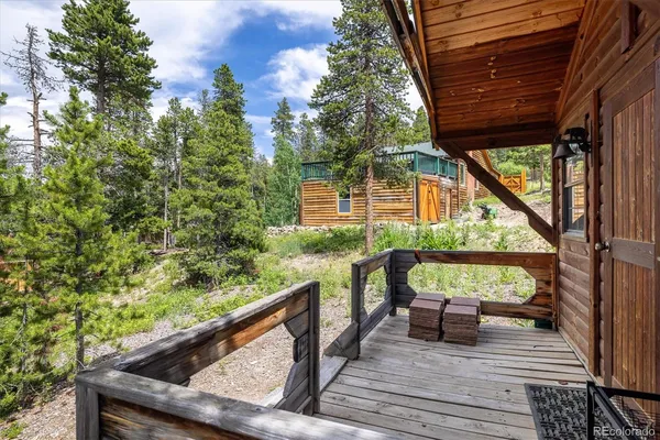 a view of backyard with small cabin