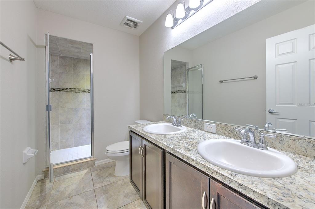 27528 Desert Willow Way Wesley Chapel, FL 33544 - Photo 14 of 24 a bathroom with a granite countertop sink a toilet and shower