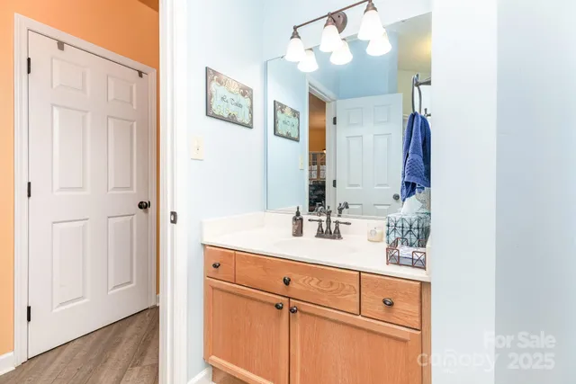 a bathroom with a sink vanity and mirror