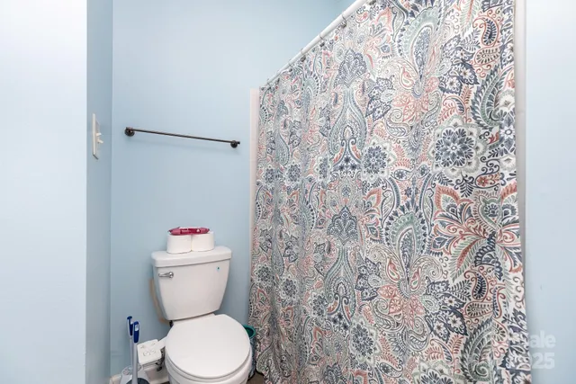 a white toilet sitting next to a shower curtain