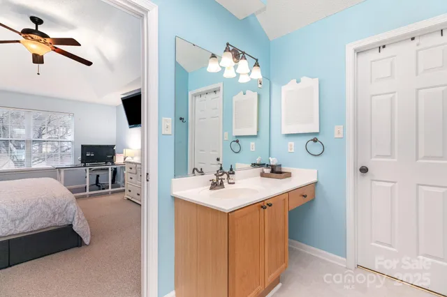 a bathroom with a sink vanity and mirror