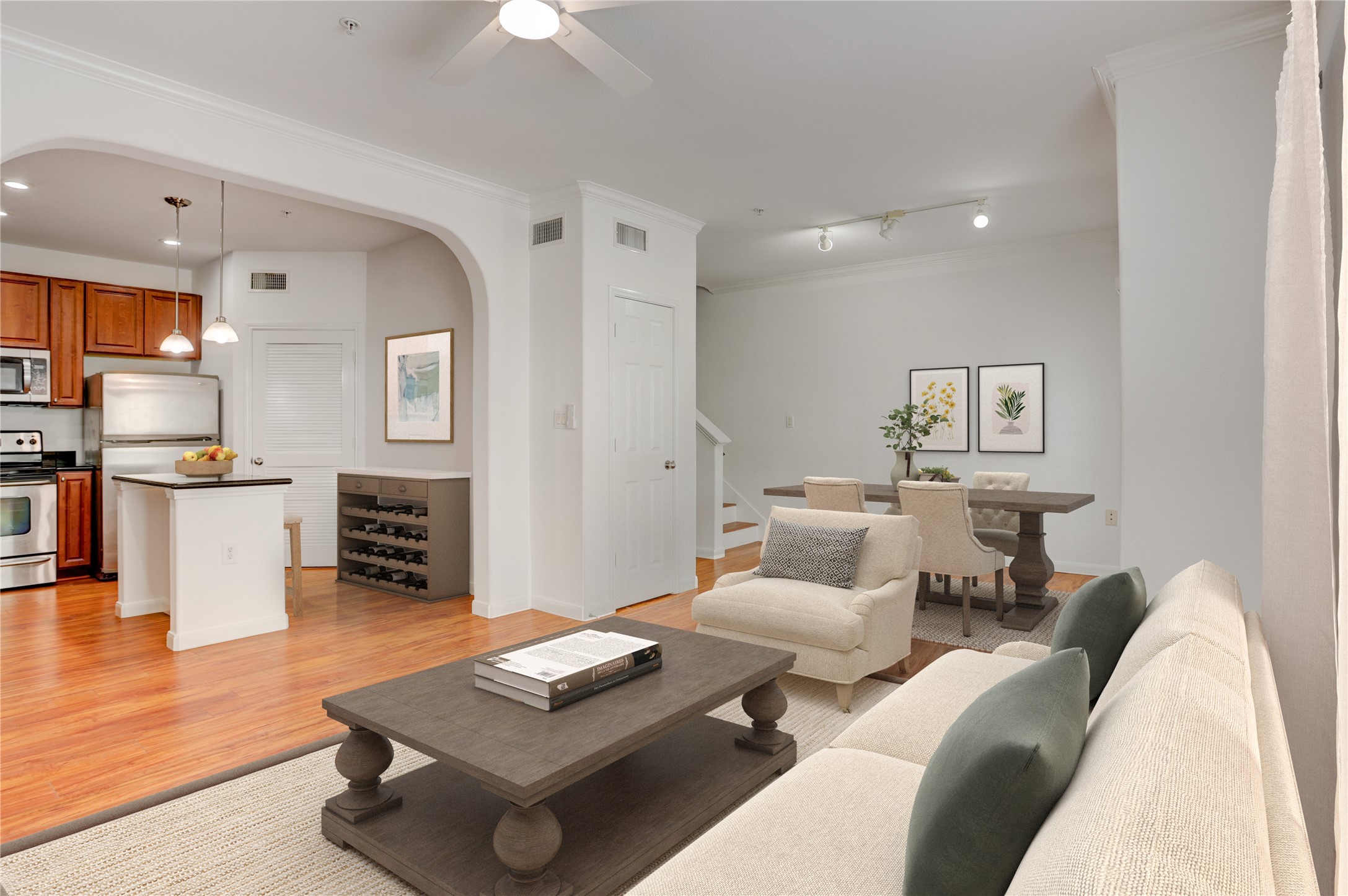 9200 Westheimer Road, Unit 1701 Houston, TX 77063 - Photo 6 of 23 Living-dining area flows seamlessly into the island kitchen. Virtually furnished.