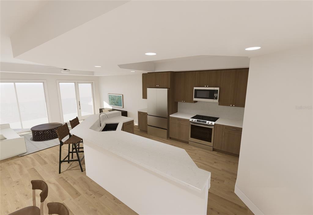 5015 Highway 19, Unit 503 New Port Richey, FL 34652 - Photo 17 of 24 a kitchen with stainless steel appliances kitchen island granite countertop a stove a sink a refrigerator and white cabinets with wooden floor