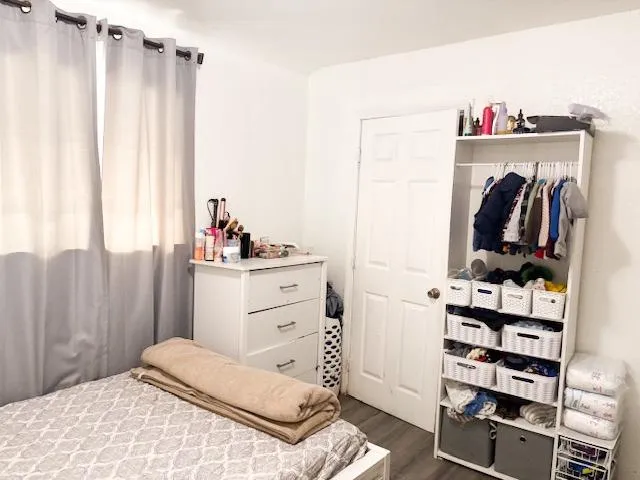 a bedroom with a bed and a closet