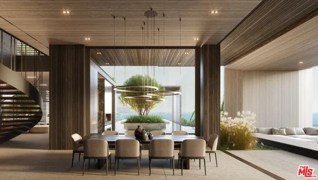 a view of a dining room with furniture window and outside view