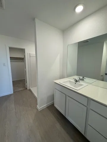 a bathroom with a sink and mirror