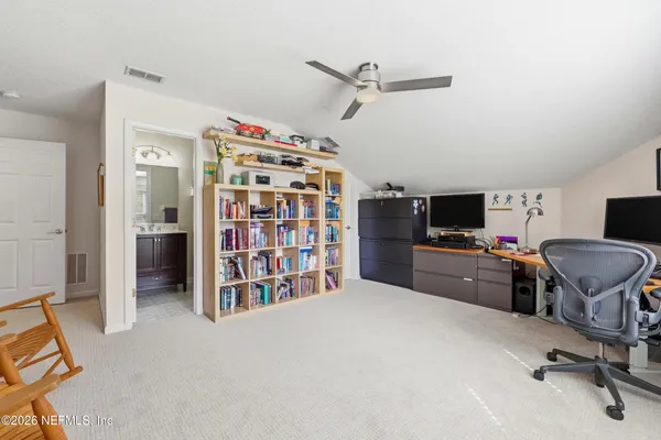 a room with a workspace