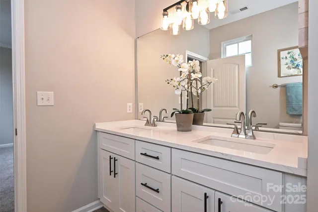 a bathroom with a sink double vanity and a mirror