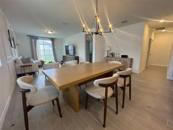 a view of a dining room with furniture