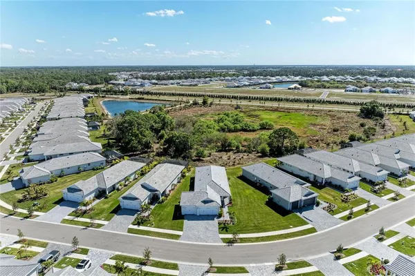 an aerial view of residential houses with outdoor space and swimming pool