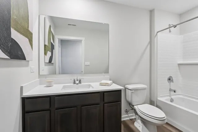 a bathroom with a sink a toilet a mirror a vanity and shower