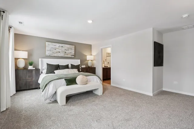 a bedroom with a bed and walk in closet