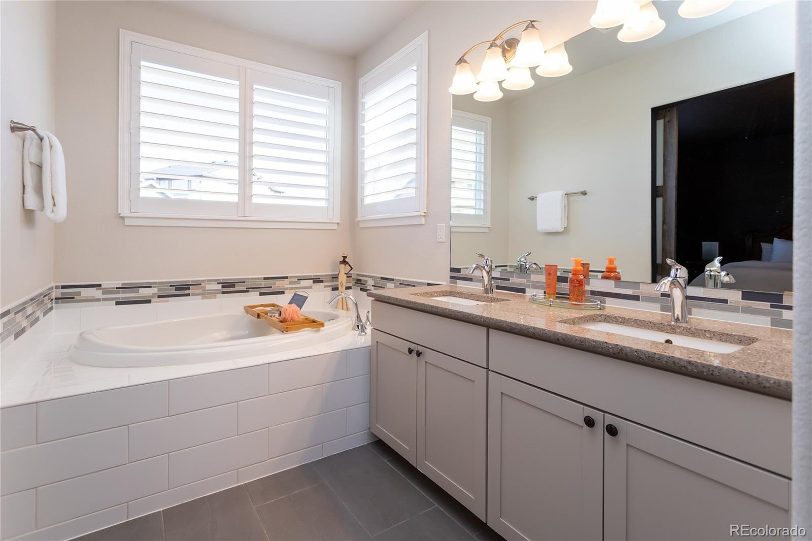 4208 Notch Trail Colorado Springs, CO 80924 - Photo 26 of 40 a bathroom with a sink a large mirror and a bathtub