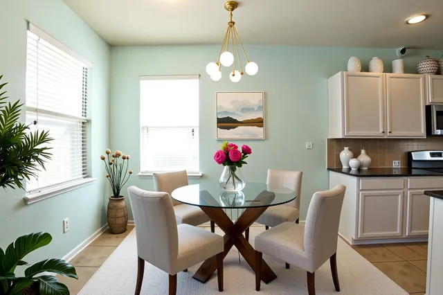 a view of a dining room with furniture and chandelier