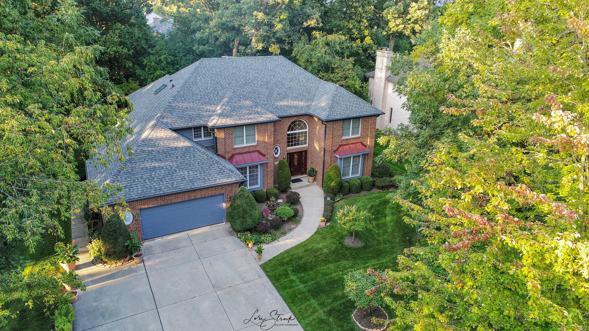 a aerial view of a house with a yard and potted plants