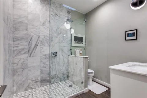 a bathroom with a toilet and a shower
