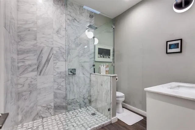 a bathroom with a toilet and a shower