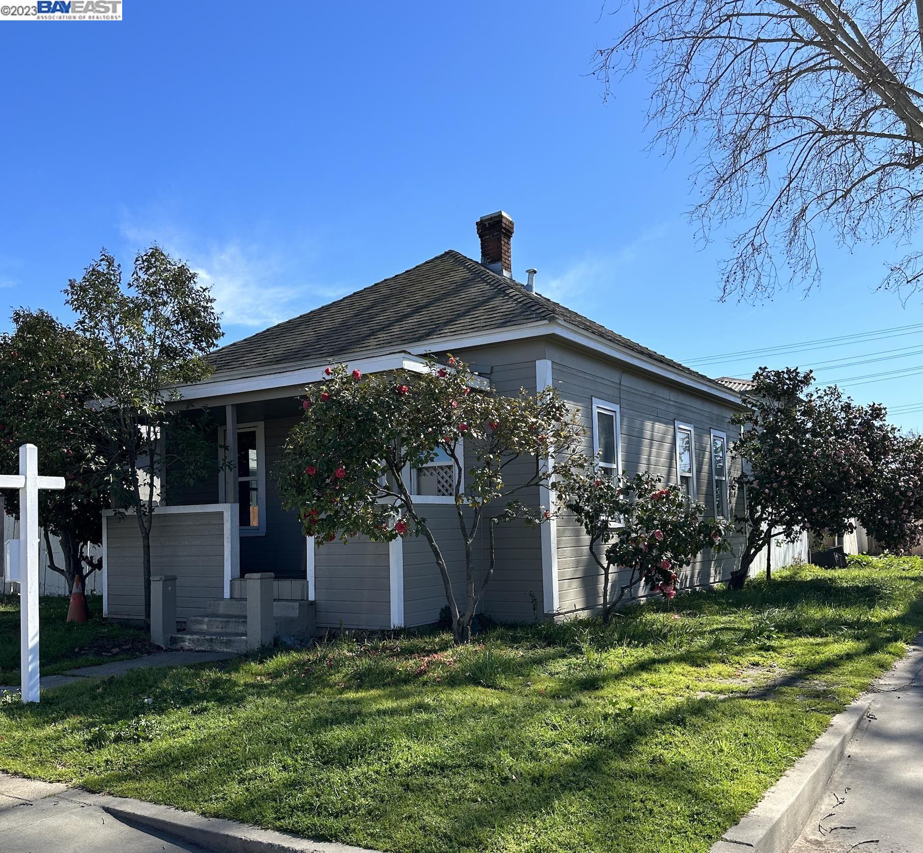 a front view of house with a garden