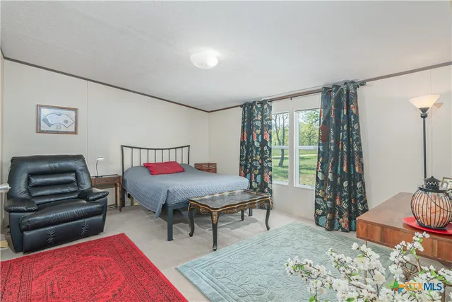a living room with furniture a rug and a floor to ceiling window