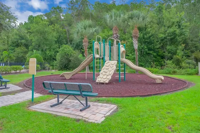 a garden view with a seating space