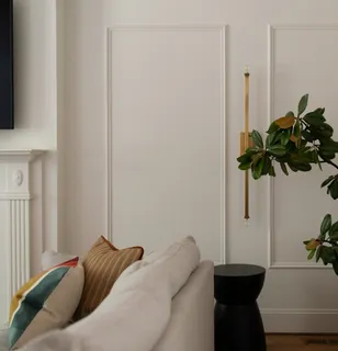 a living room with furniture and a potted plant
